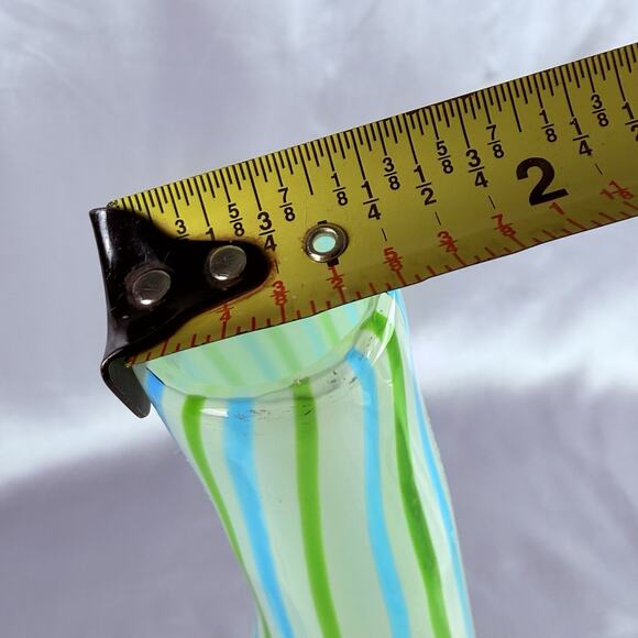 Hand Blown Art Glass Vase 13.5” Blue Green White Ribbon Stripe Murano Style - Picture 8 of 9